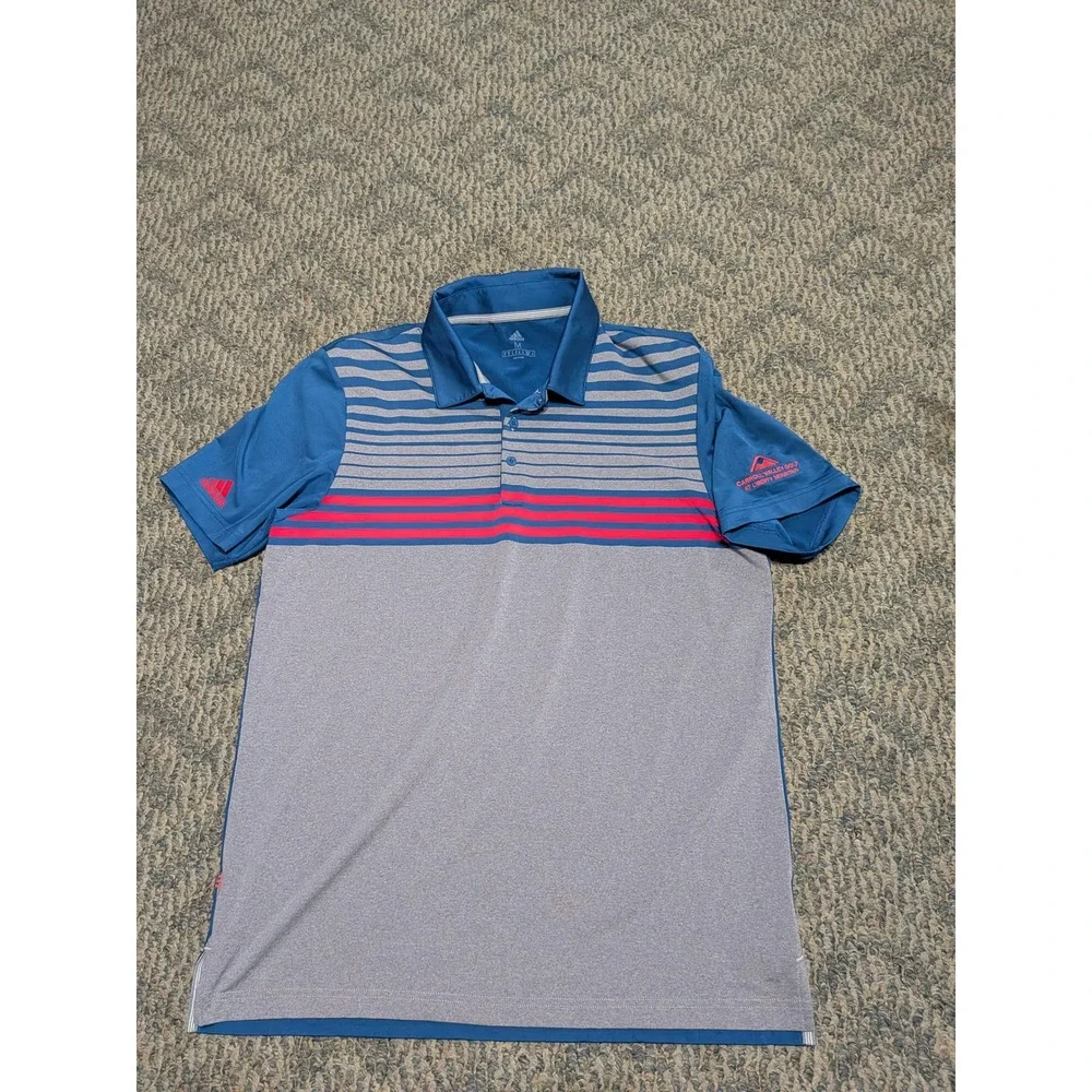 Adidas Mens Blue Grey Striped Golf Polo Shirt Carroll Valley Logo DX1257 Size M